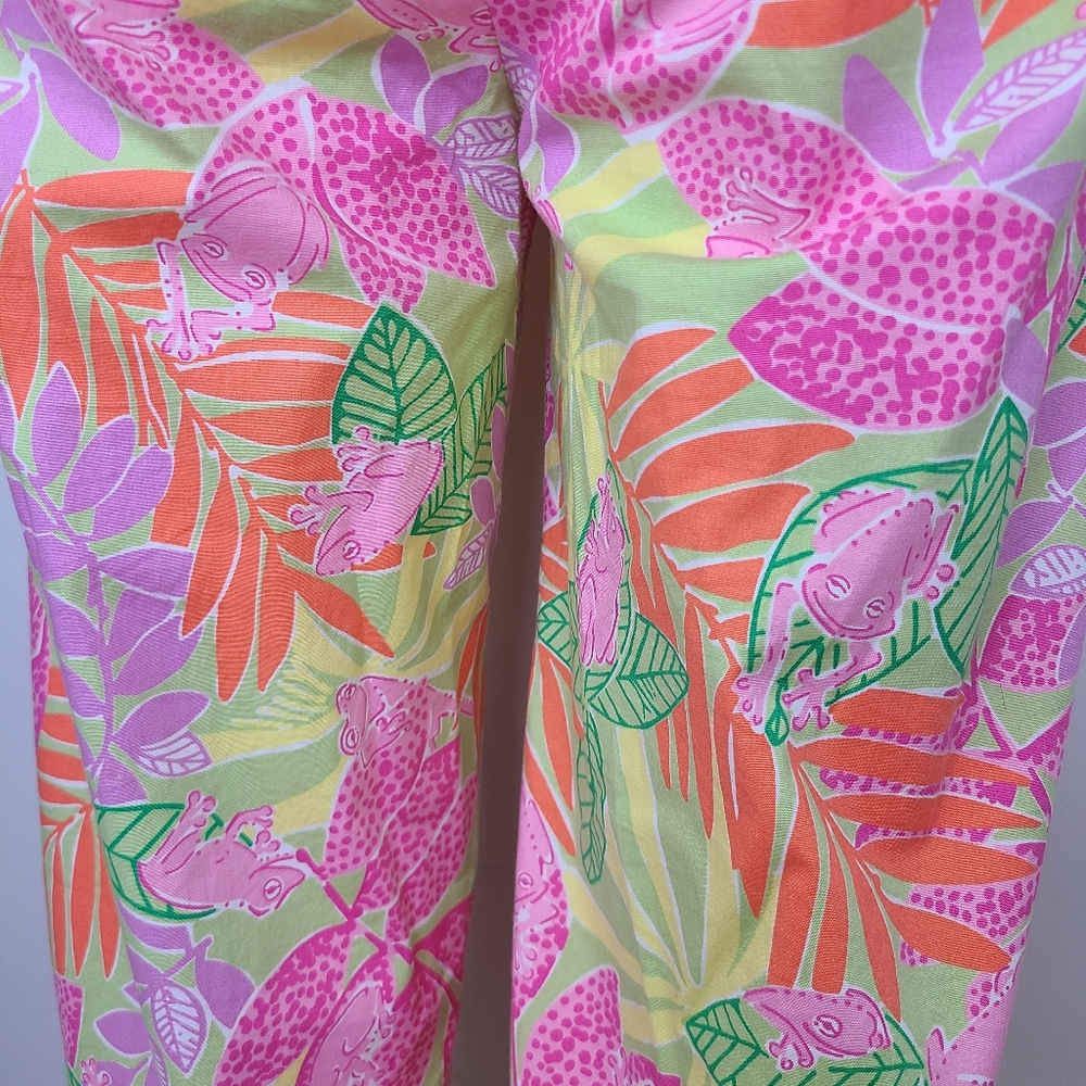 Lilly Pulitzer Vintage Pink Orange Green Tropical Frog Print Wide Leg Pants 4 - Picture 4 of 11